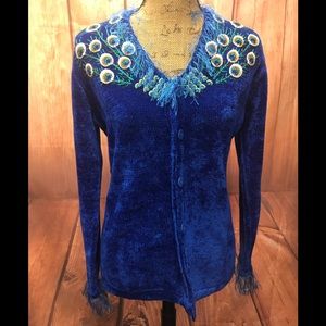 Blue peacock sweater fringed embroidered beaded